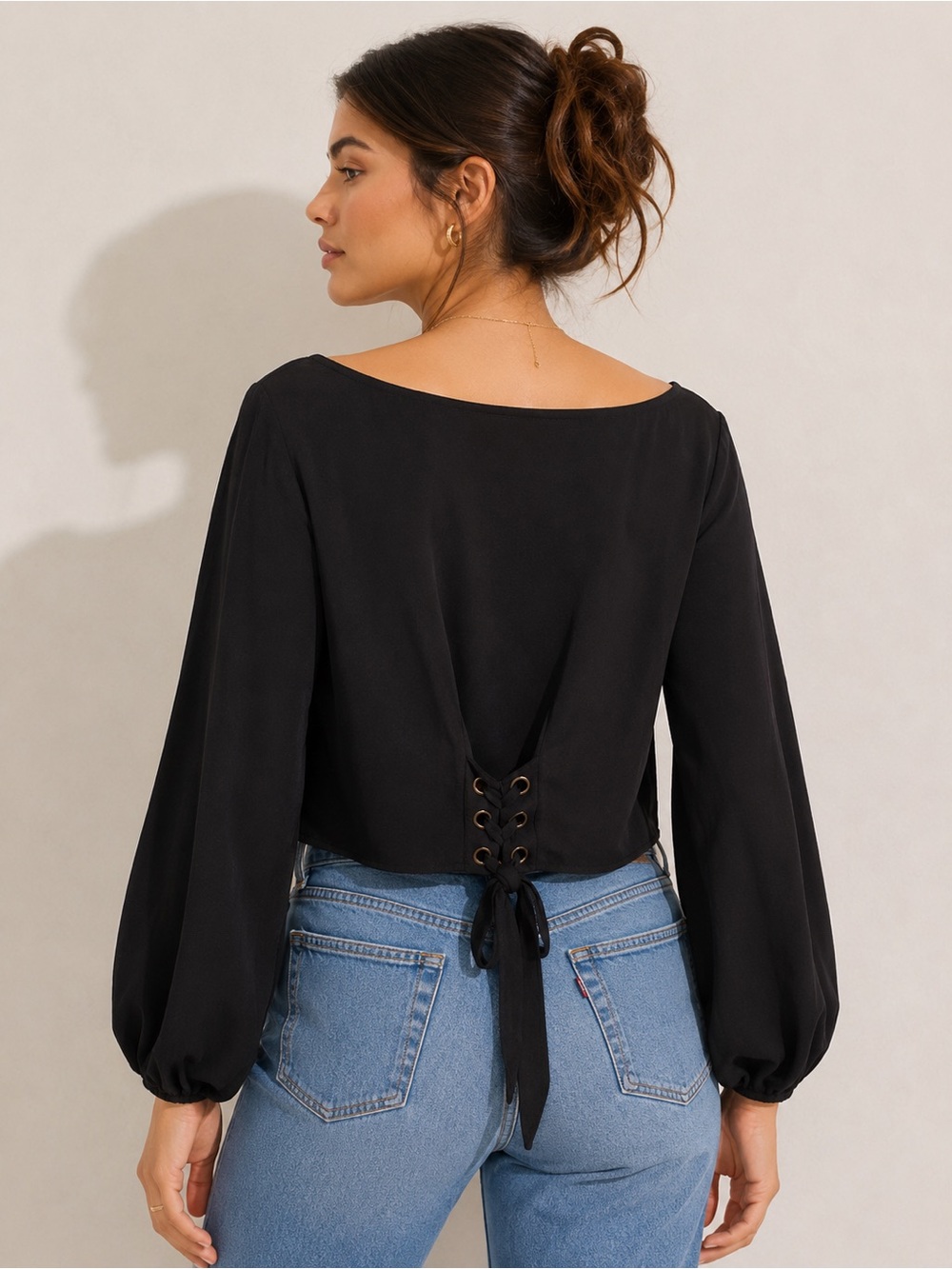 Maeve Anthropologie Black Lace Up Back Balloon Sleeve Sweatshirt L